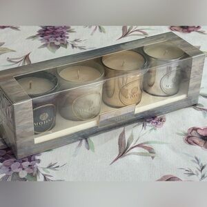 NEW IN BOX Set Of Four Candles / Dark Navy, Cream, Gold, Silver / Beautiful!